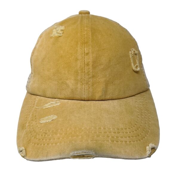 Women's Pontail Hole Strapback Mesh Back Hat Cap Tan Distressed Adjustable - Picture 1 of 8
